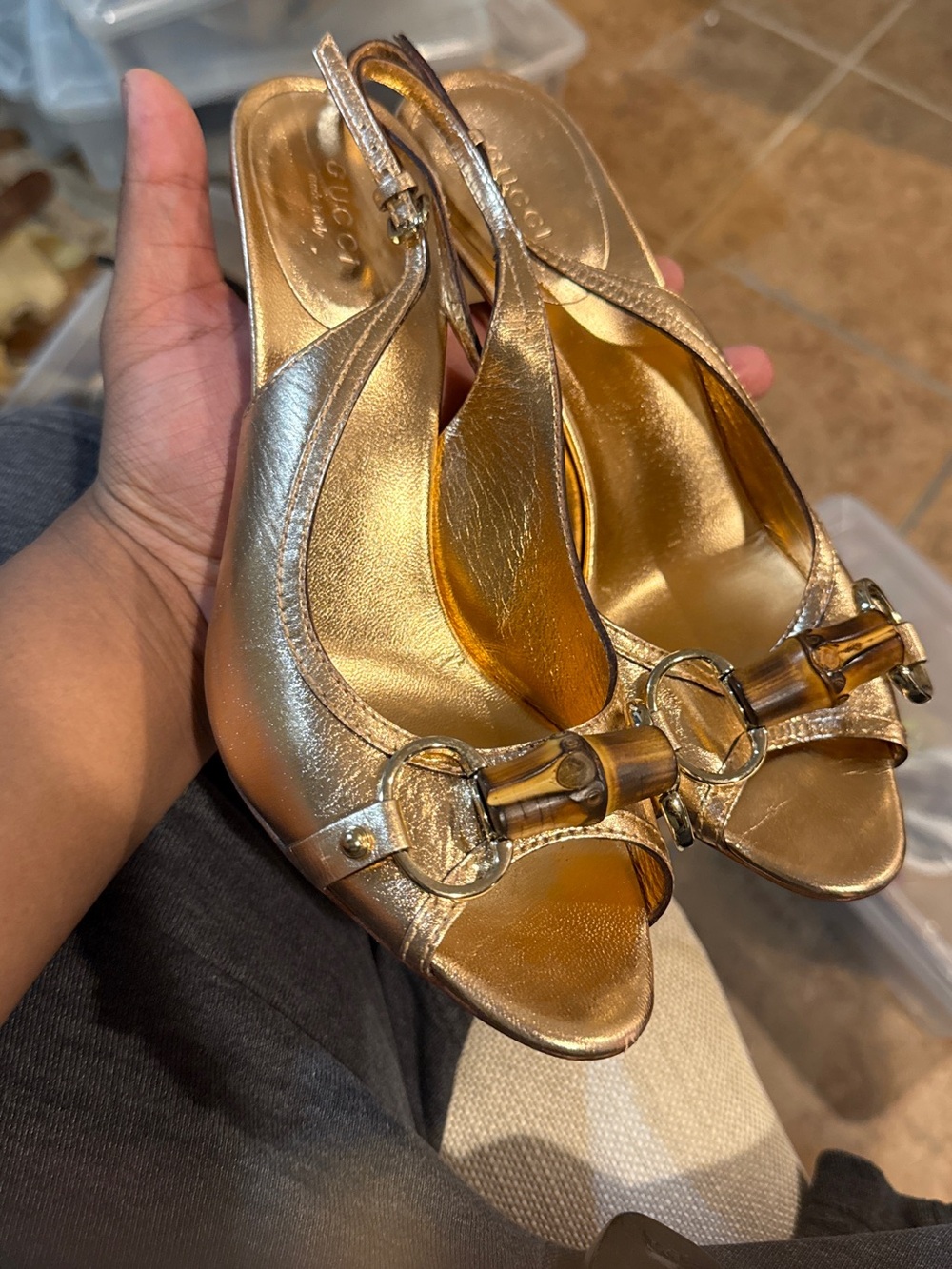 Gucci Metallic Gold Slingback Peep-Toe Heels with Bamboo Bit